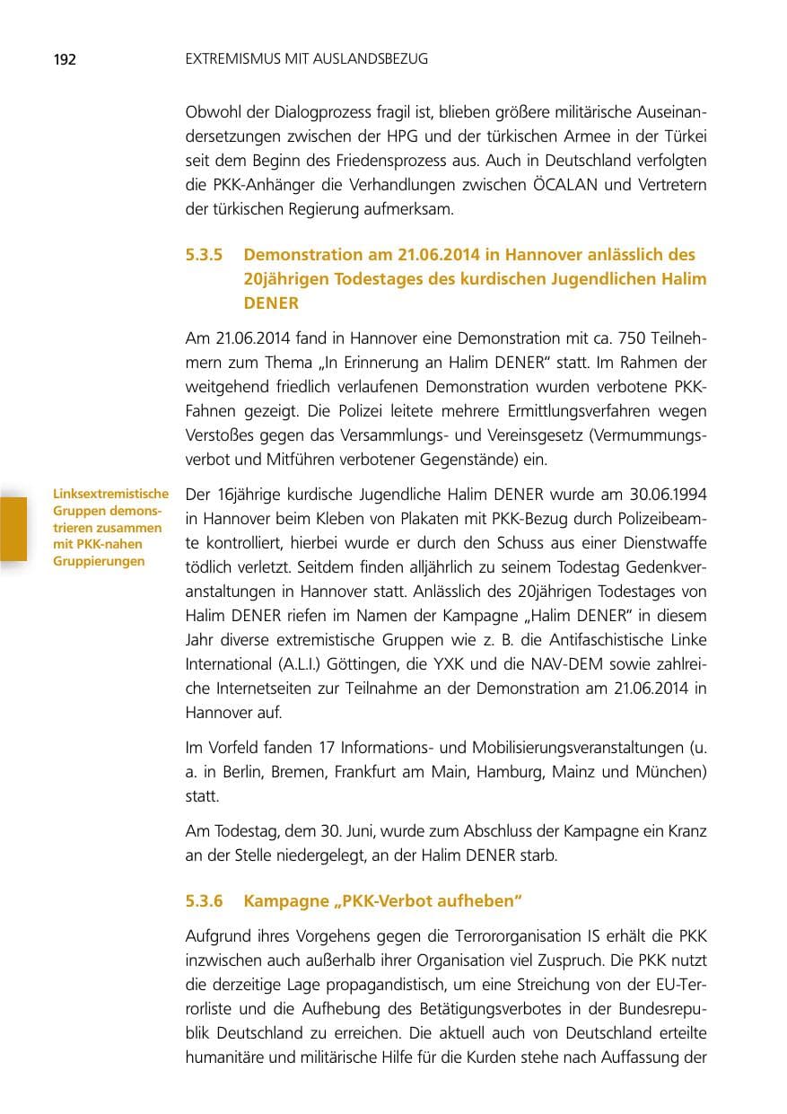 Seite 192 des Verfassungsschutzbericht 2014 Niedersachsen