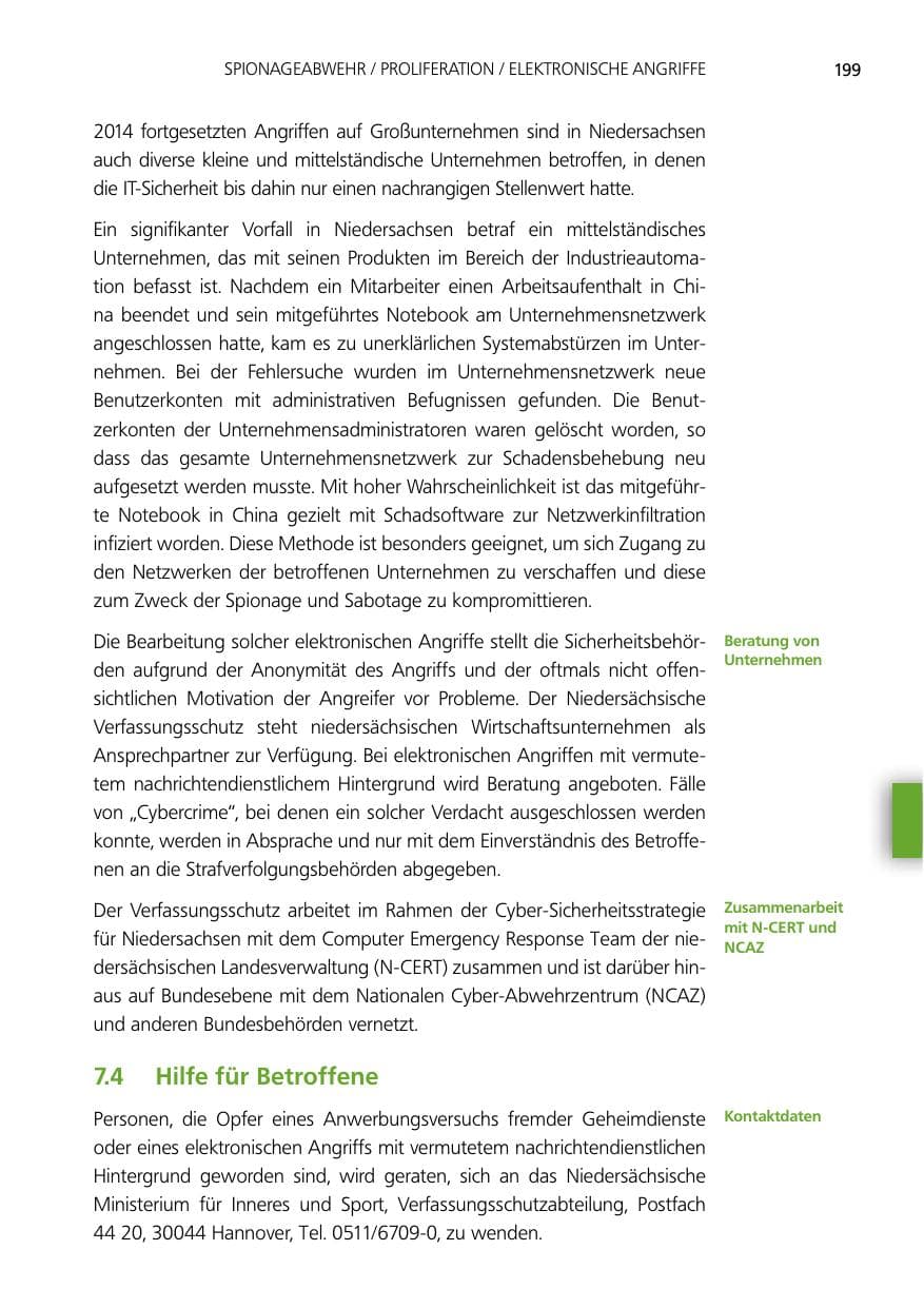 Seite 199 des Verfassungsschutzbericht 2014 Niedersachsen