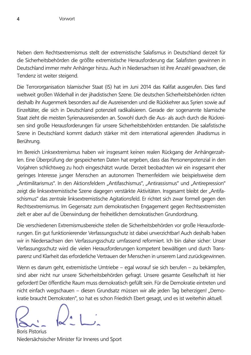 Seite 4 des Verfassungsschutzbericht 2014 Niedersachsen