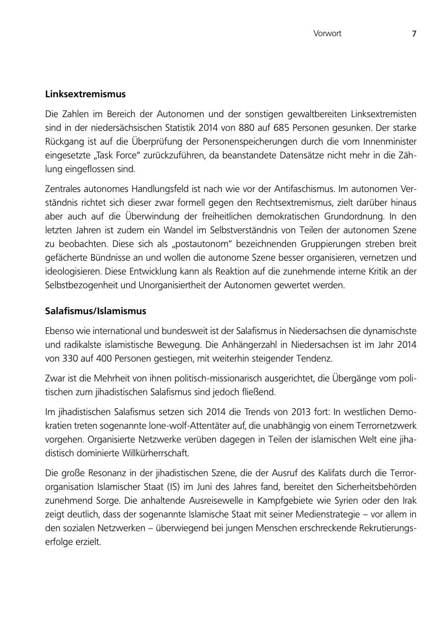Seite 7 des Verfassungsschutzbericht 2014 Niedersachsen