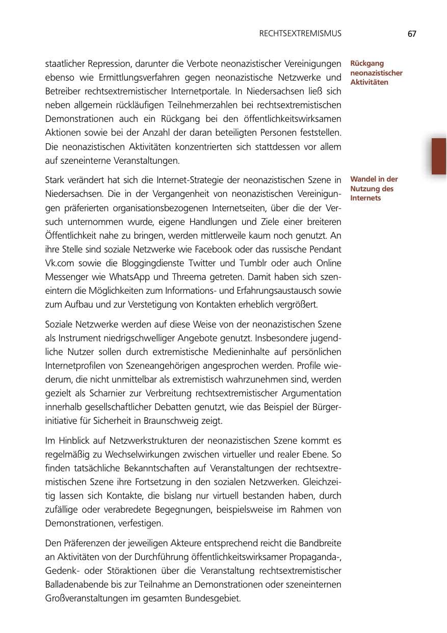 Seite 67 des Verfassungsschutzbericht 2014 Niedersachsen