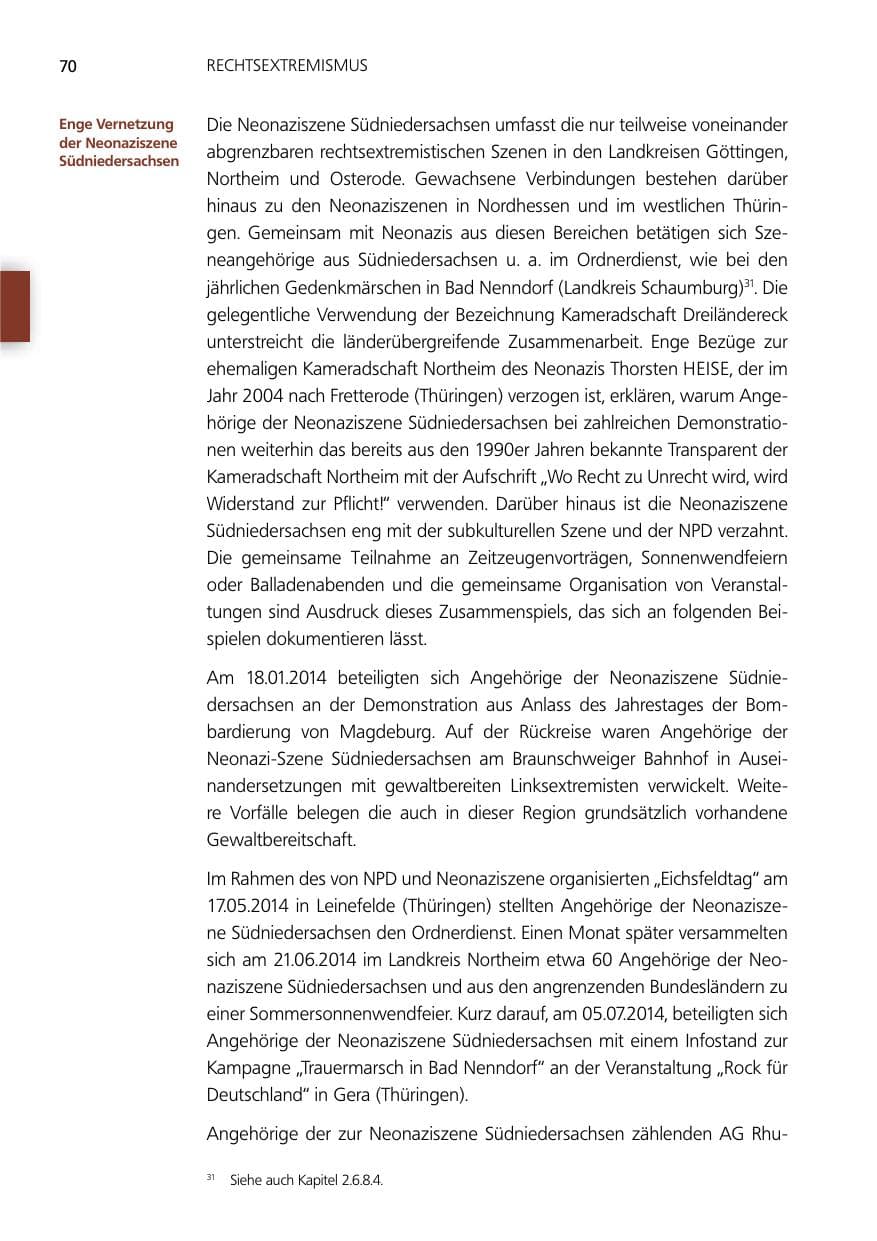 Seite 70 des Verfassungsschutzbericht 2014 Niedersachsen