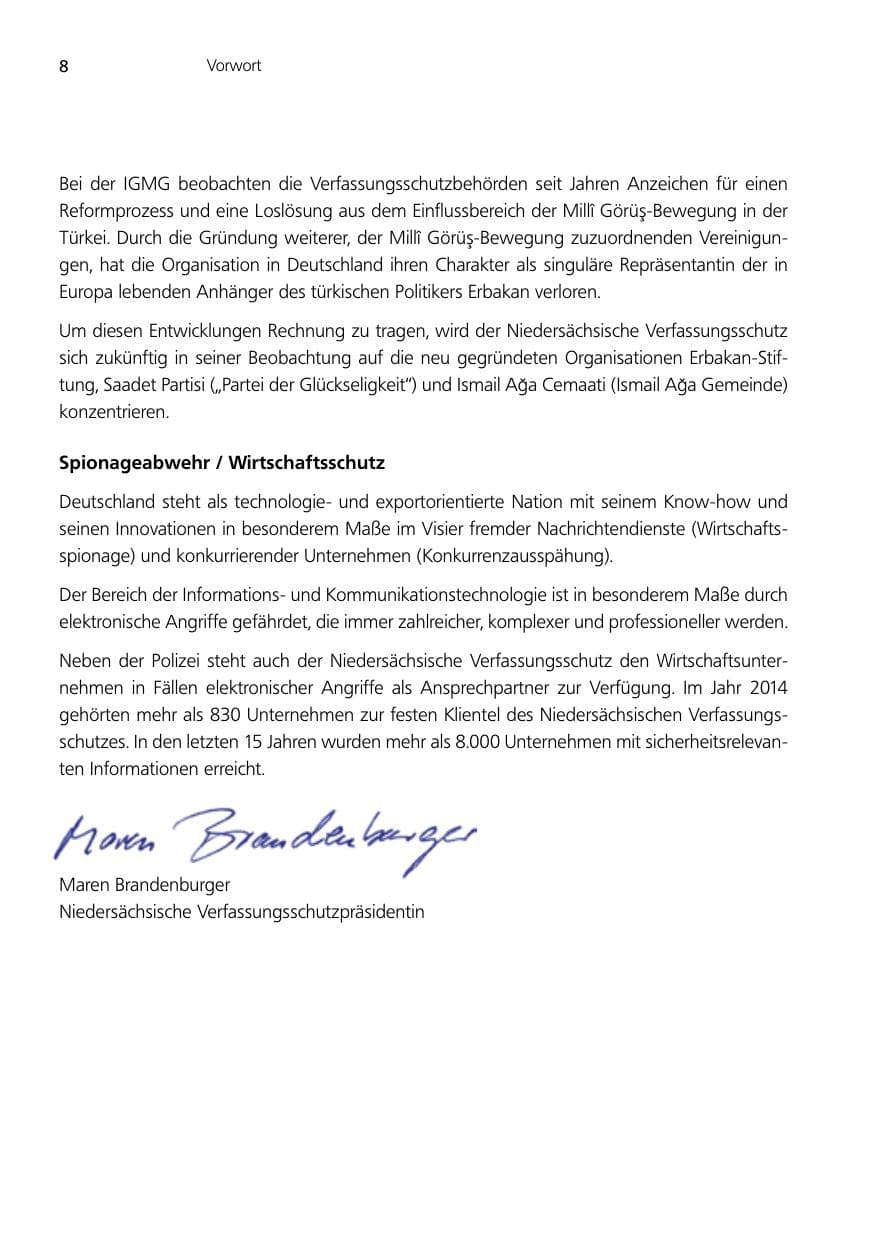 Seite 8 des Verfassungsschutzbericht 2014 Niedersachsen