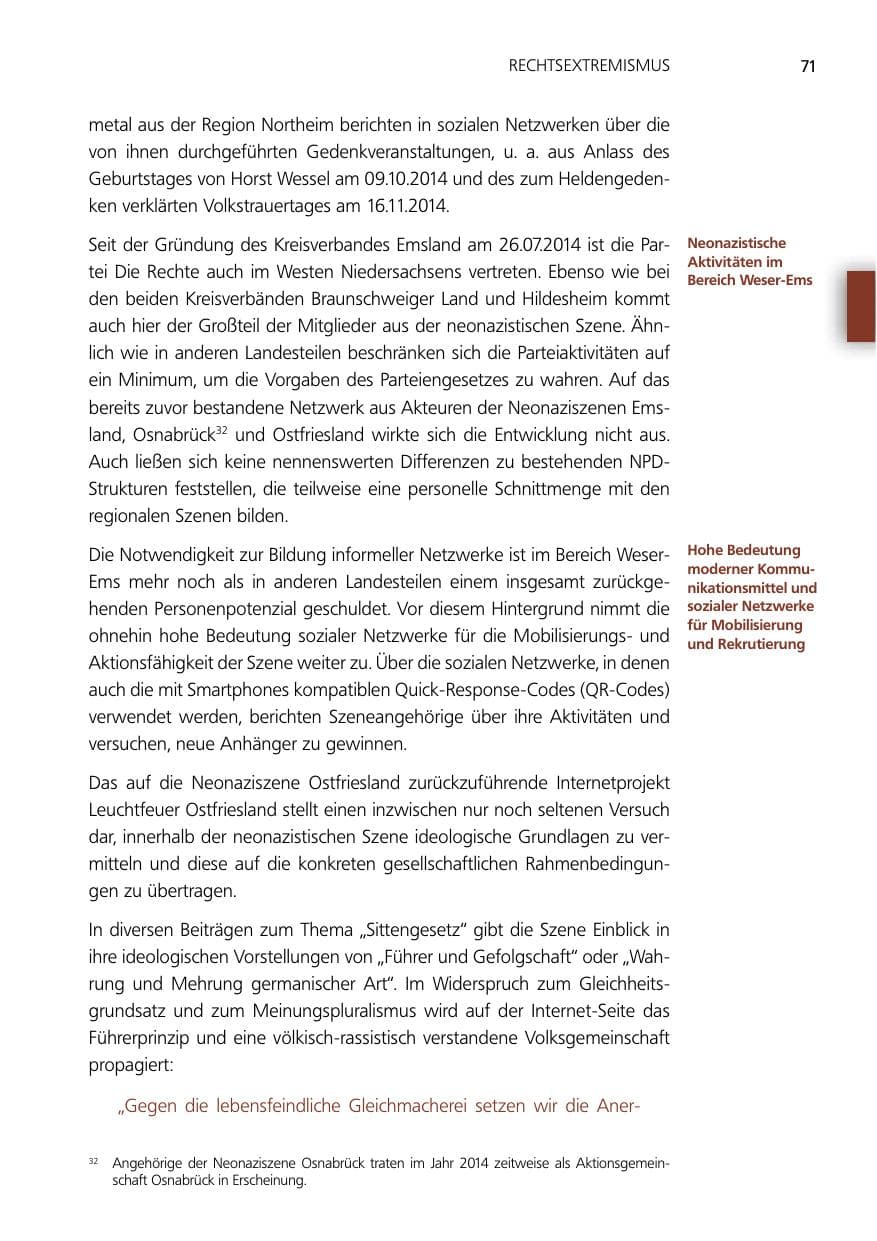 Seite 71 des Verfassungsschutzbericht 2014 Niedersachsen