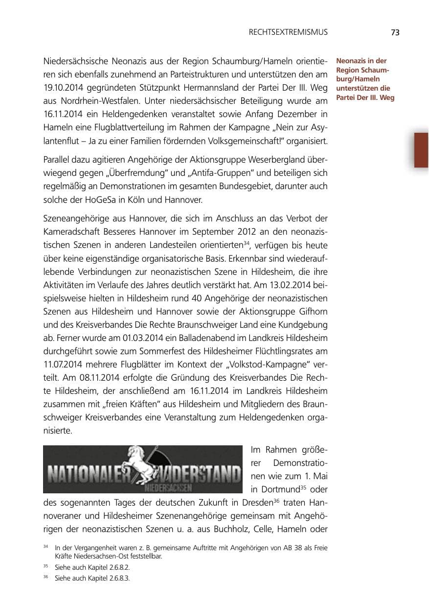 Seite 73 des Verfassungsschutzbericht 2014 Niedersachsen