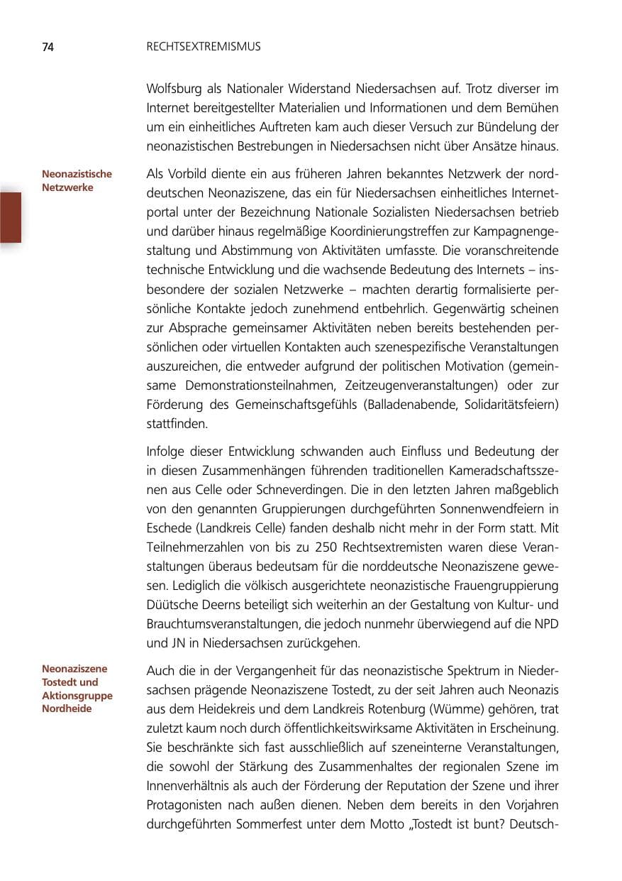 Seite 74 des Verfassungsschutzbericht 2014 Niedersachsen