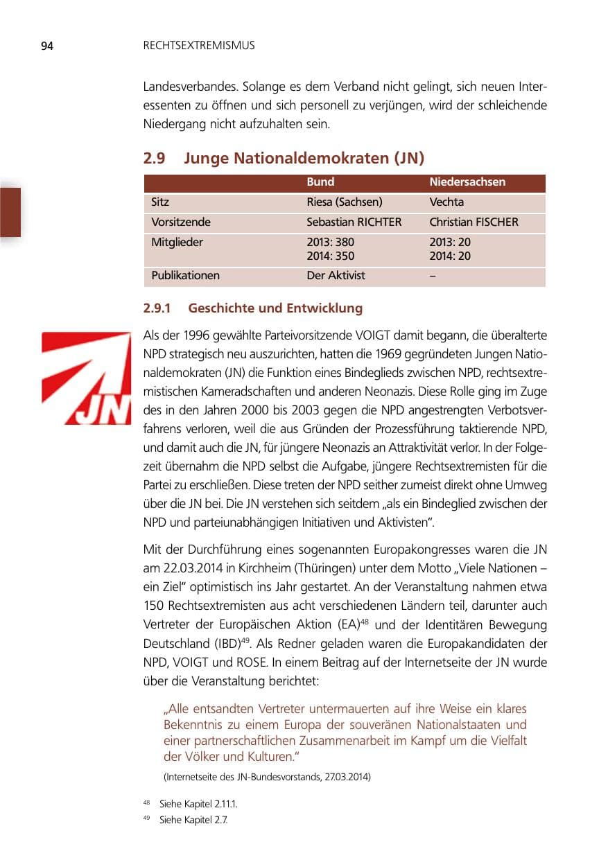 Seite 94 des Verfassungsschutzbericht 2014 Niedersachsen