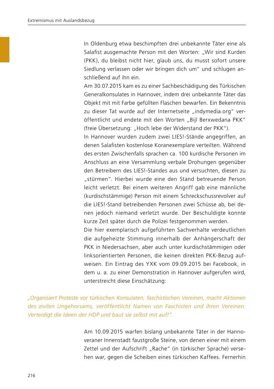 Seite 218 des Verfassungsschutzbericht 2015 Niedersachsen