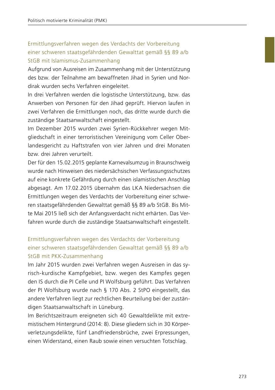 Seite 275 des Verfassungsschutzbericht 2015 Niedersachsen