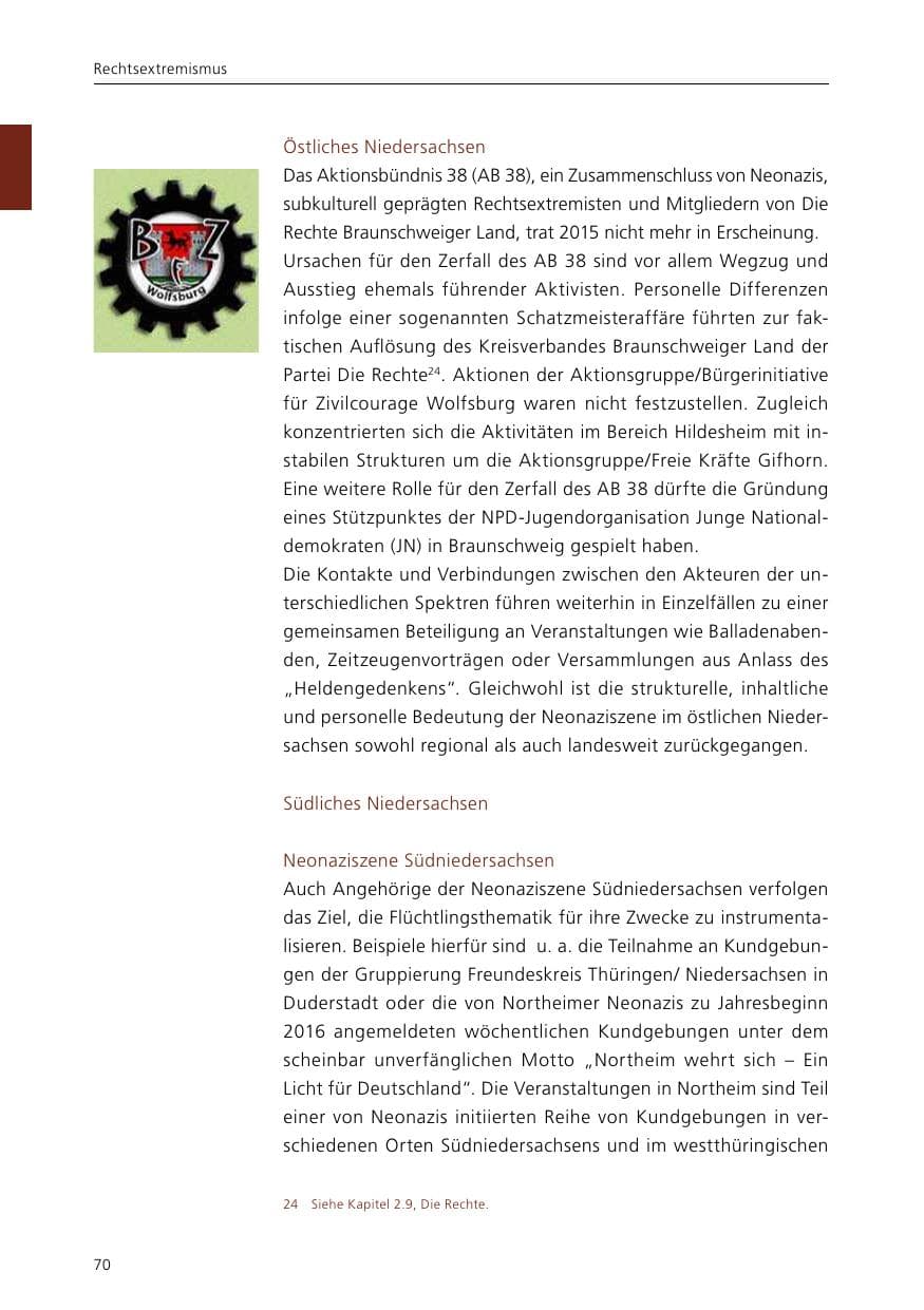 Seite 72 des Verfassungsschutzbericht 2015 Niedersachsen