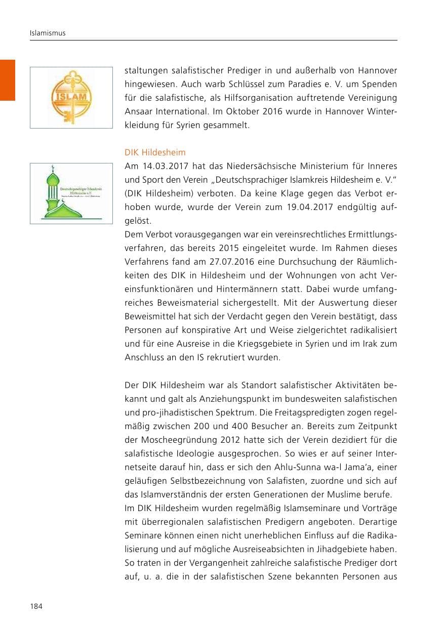 Seite 186 des Verfassungsschutzbericht 2017 Niedersachsen