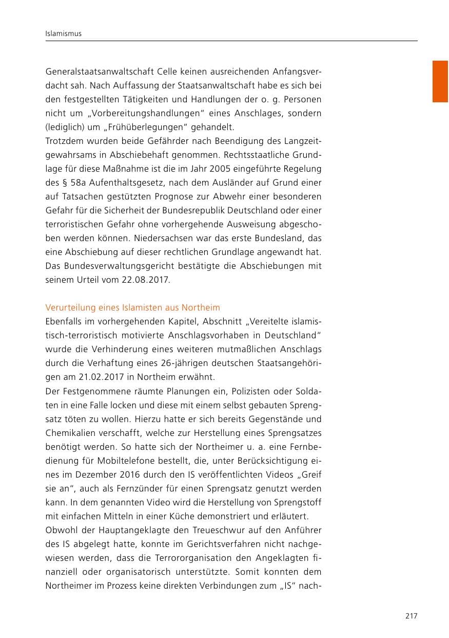 Seite 219 des Verfassungsschutzbericht 2017 Niedersachsen