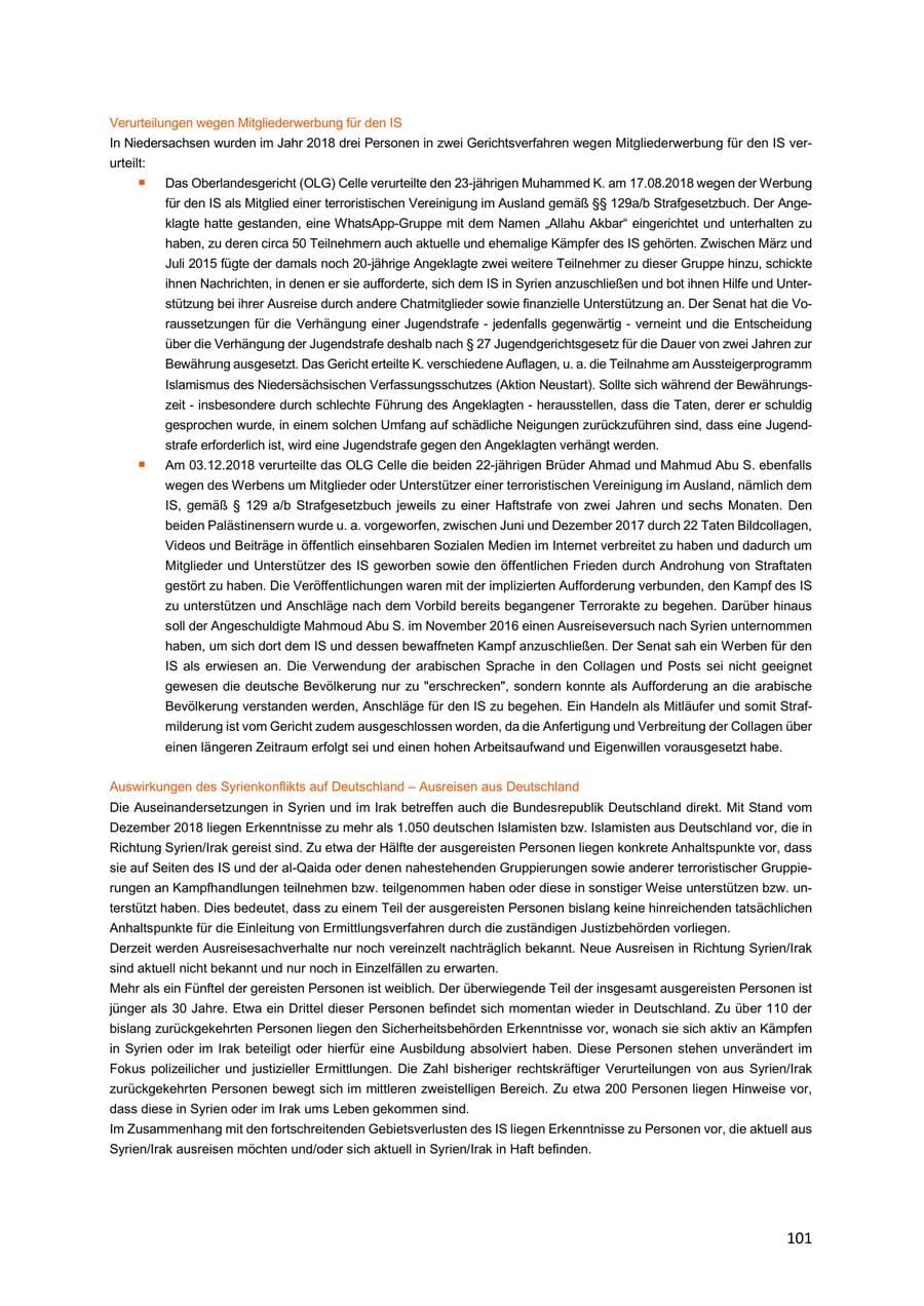 Seite 101 des Verfassungsschutzbericht 2018 Niedersachsen
