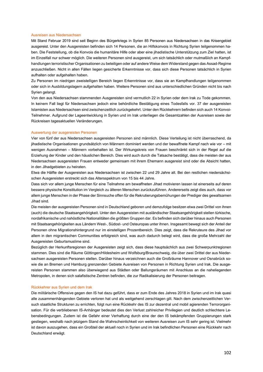 Seite 102 des Verfassungsschutzbericht 2018 Niedersachsen