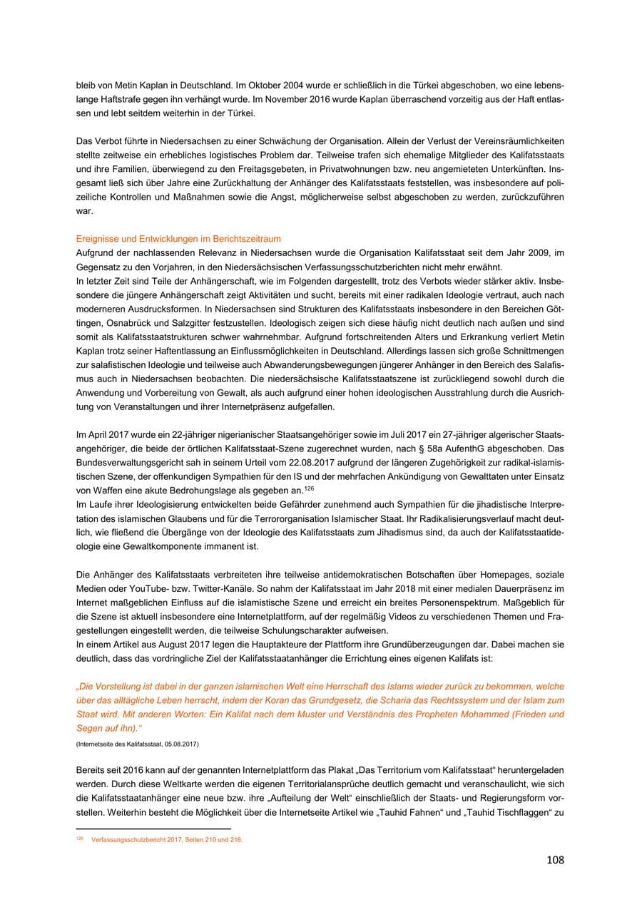 Seite 108 des Verfassungsschutzbericht 2018 Niedersachsen