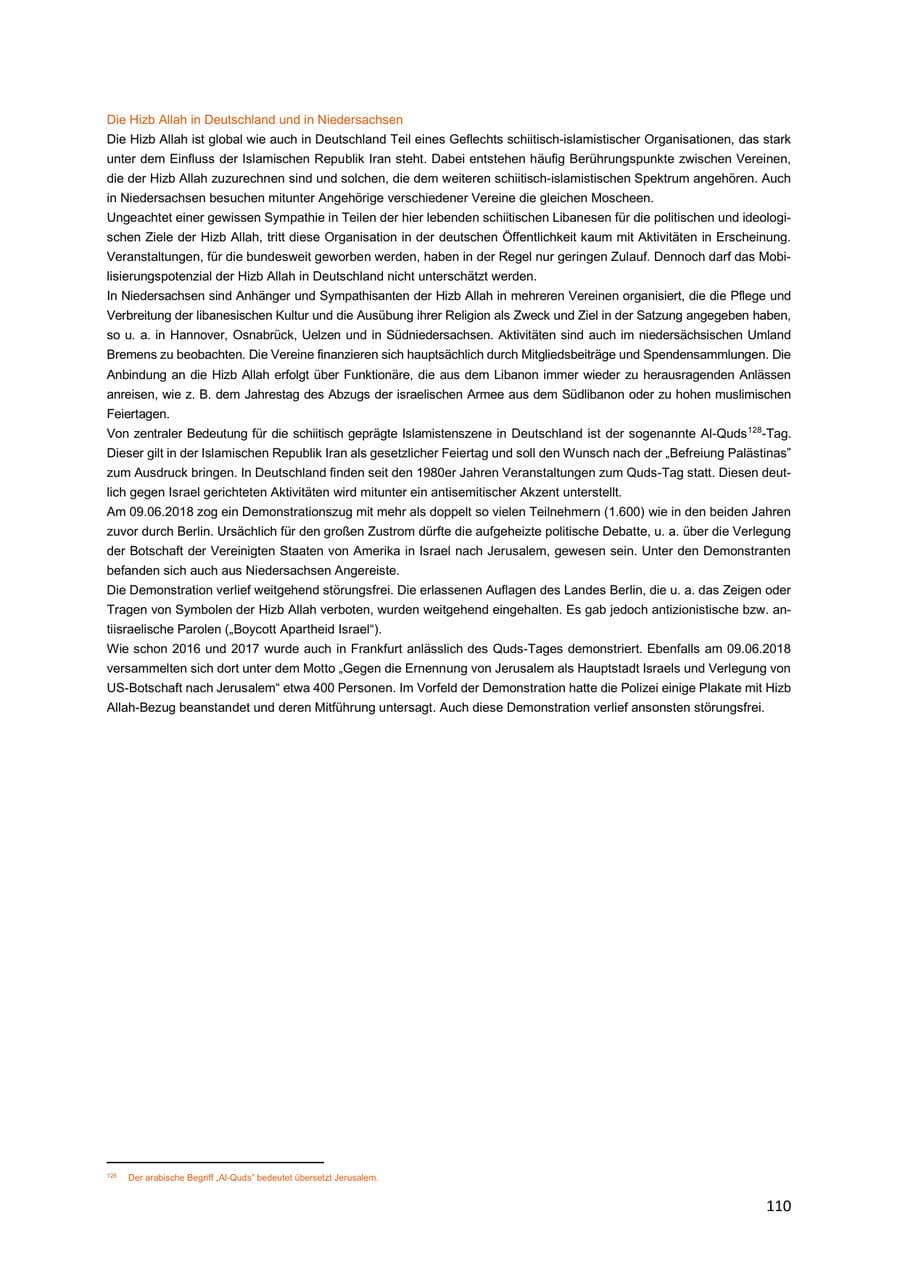 Seite 110 des Verfassungsschutzbericht 2018 Niedersachsen