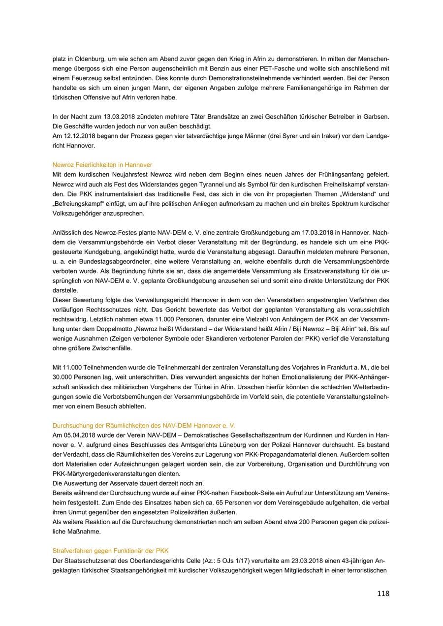 Seite 118 des Verfassungsschutzbericht 2018 Niedersachsen
