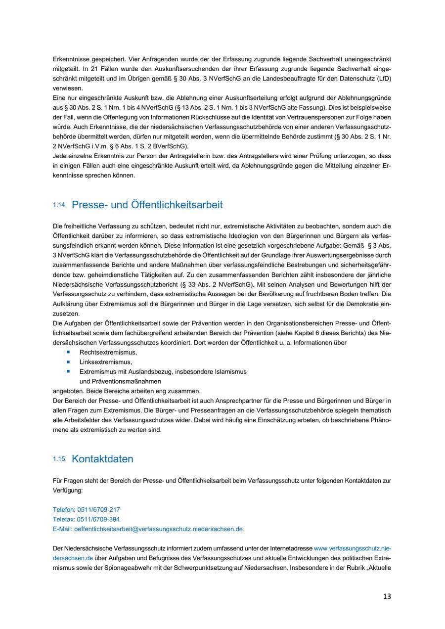 Seite 13 des Verfassungsschutzbericht 2018 Niedersachsen