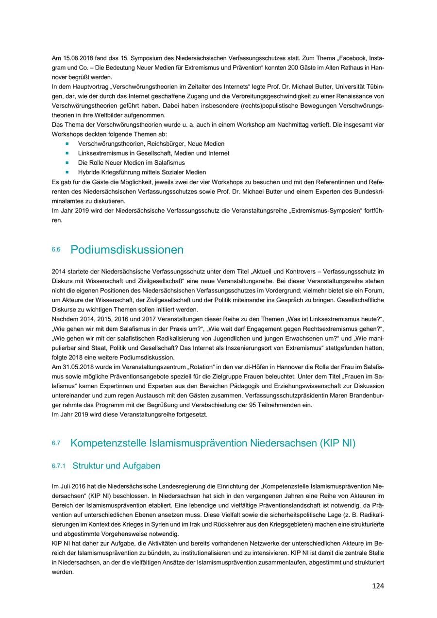 Seite 124 des Verfassungsschutzbericht 2018 Niedersachsen