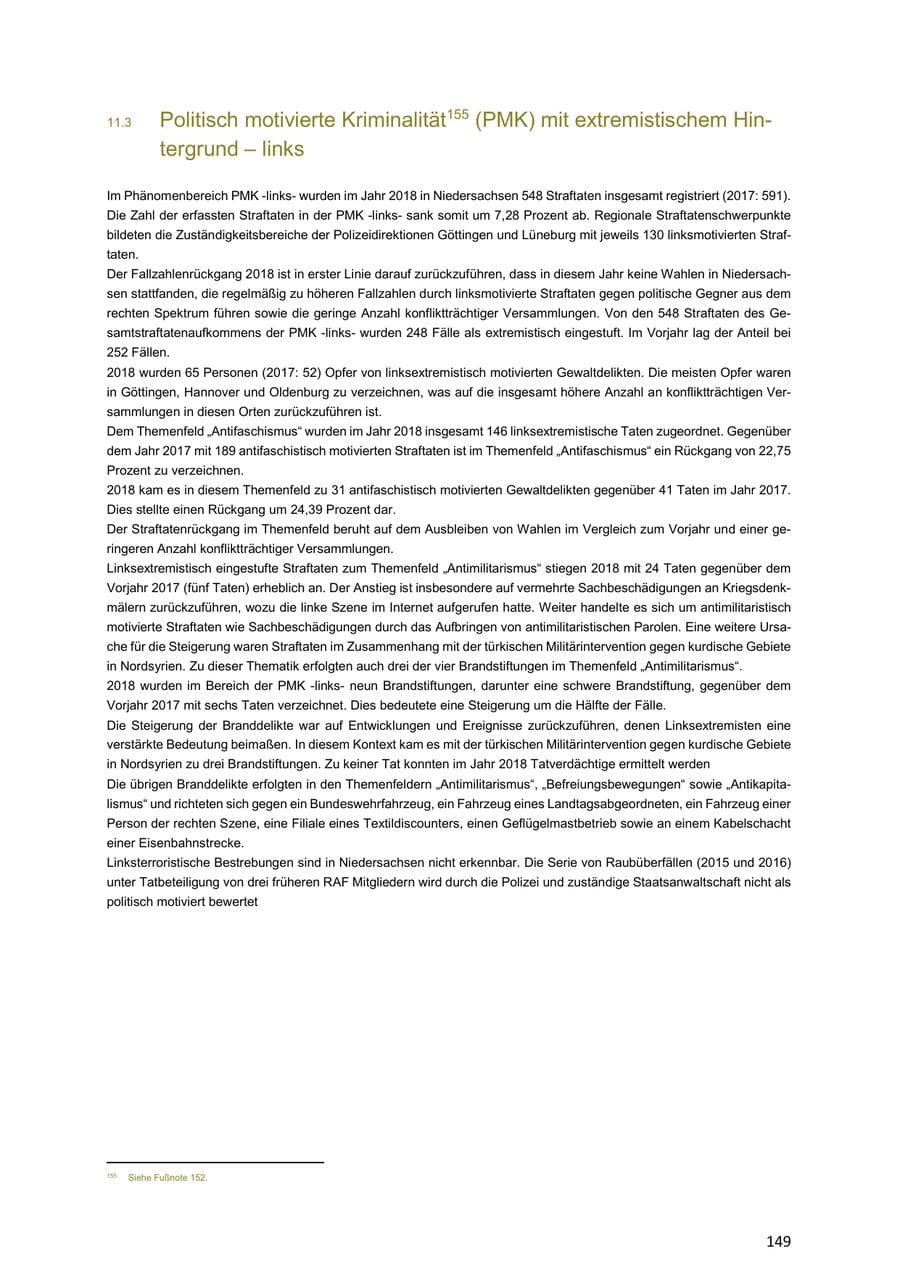 Seite 149 des Verfassungsschutzbericht 2018 Niedersachsen