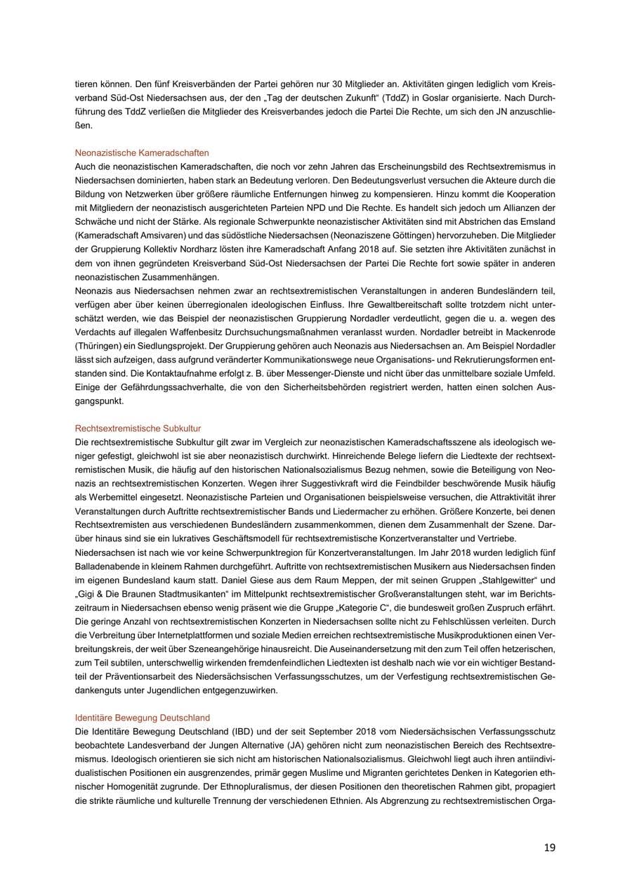 Seite 19 des Verfassungsschutzbericht 2018 Niedersachsen