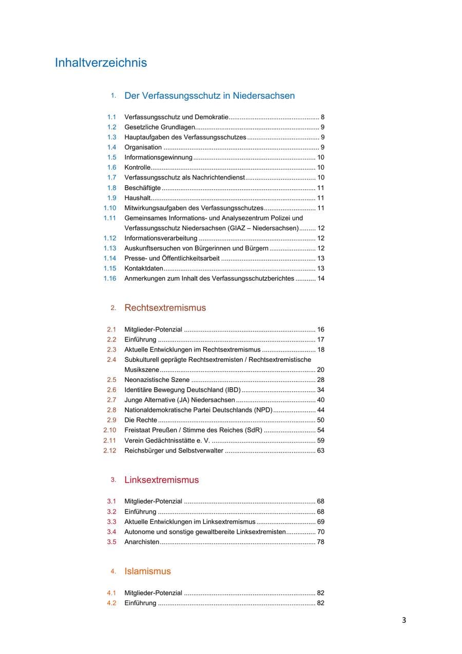 Seite 3 des Verfassungsschutzbericht 2018 Niedersachsen