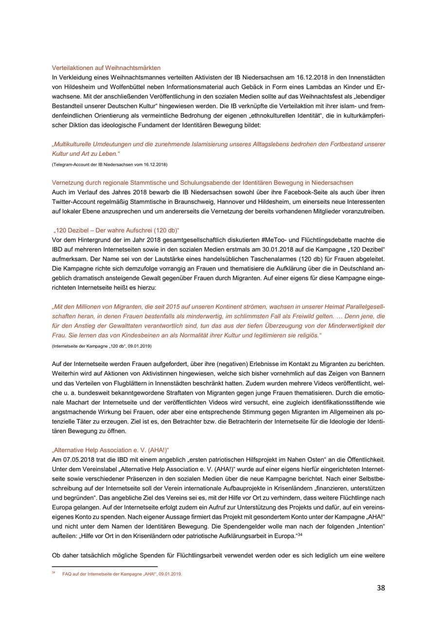 Seite 38 des Verfassungsschutzbericht 2018 Niedersachsen