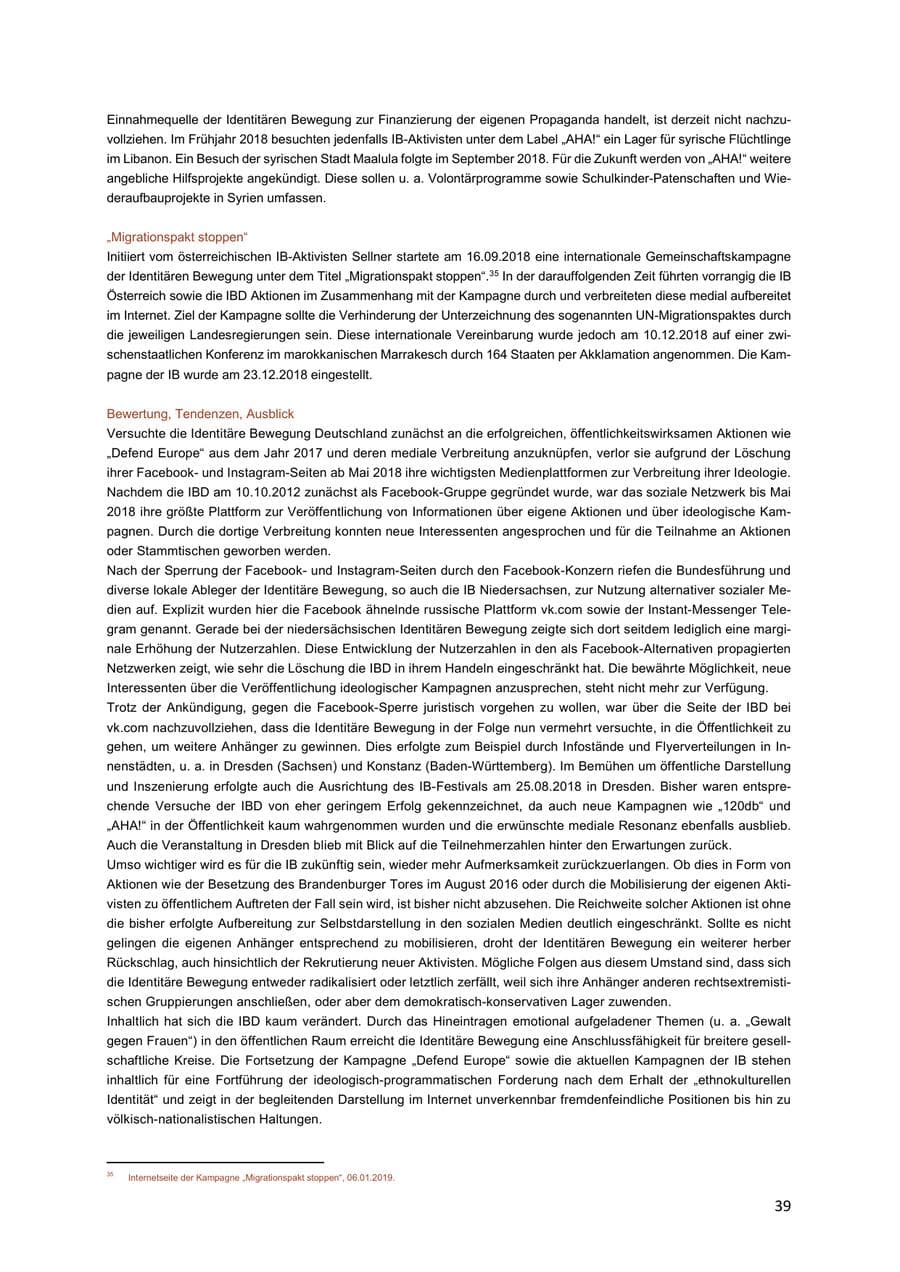 Seite 39 des Verfassungsschutzbericht 2018 Niedersachsen