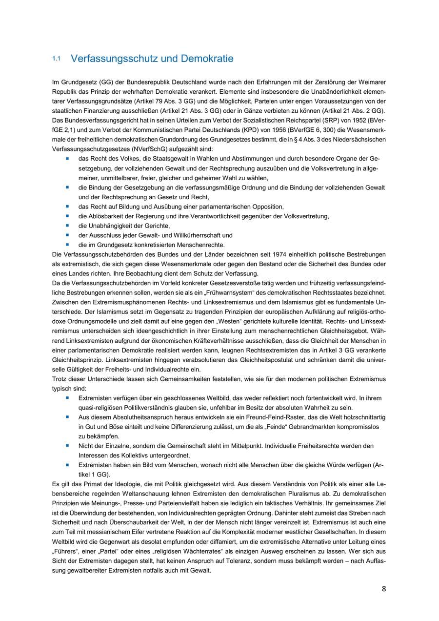 Seite 8 des Verfassungsschutzbericht 2018 Niedersachsen