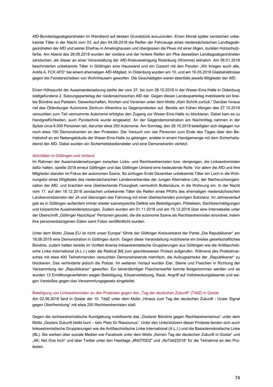 Seite 74 des Verfassungsschutzbericht 2018 Niedersachsen