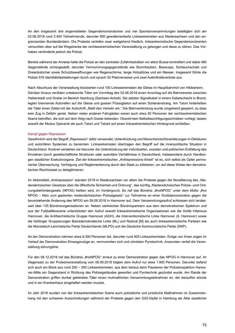 Seite 75 des Verfassungsschutzbericht 2018 Niedersachsen