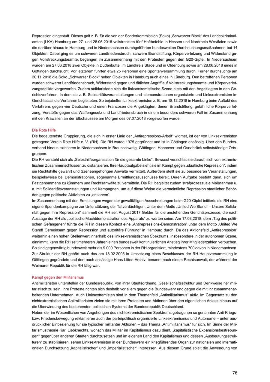 Seite 76 des Verfassungsschutzbericht 2018 Niedersachsen
