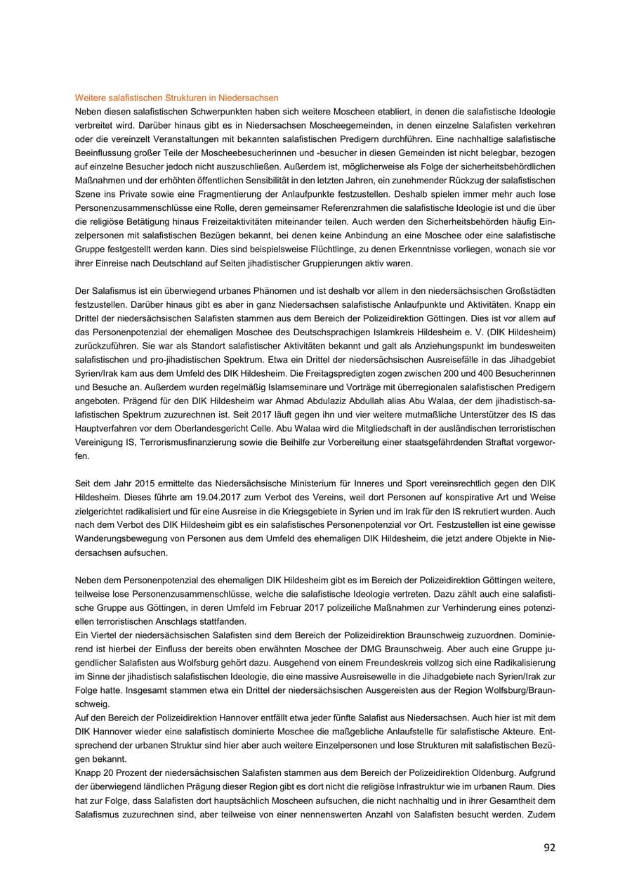Seite 92 des Verfassungsschutzbericht 2018 Niedersachsen