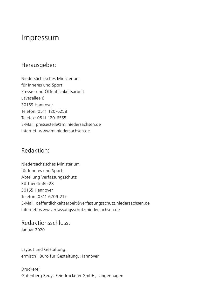Seite 2 des Verfassungsschutzbericht 2019 Niedersachsen