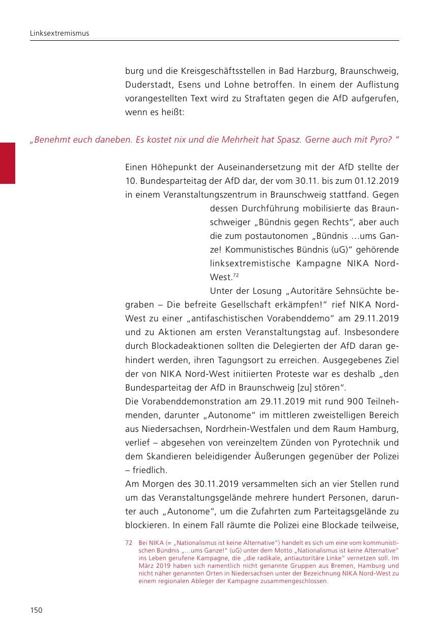 Seite 152 des Verfassungsschutzbericht 2019 Niedersachsen