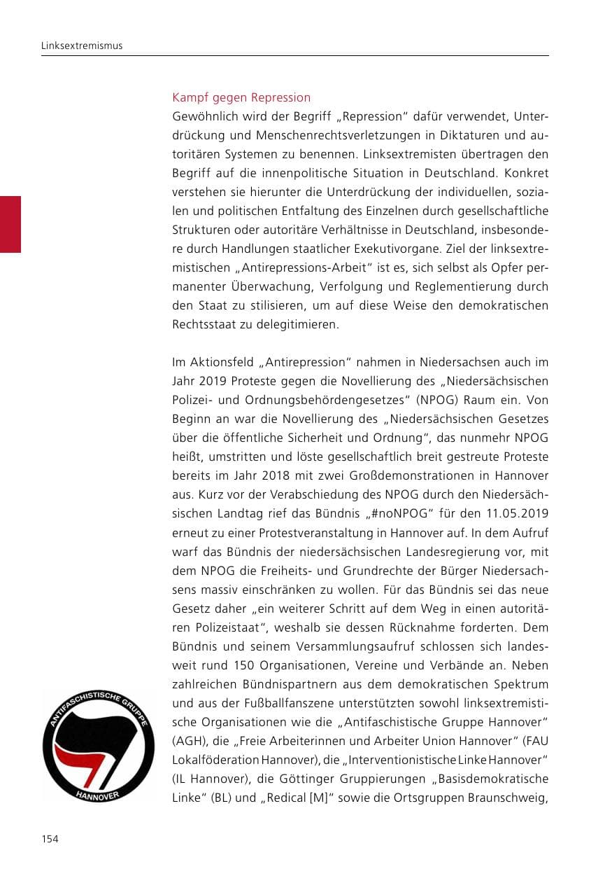 Seite 156 des Verfassungsschutzbericht 2019 Niedersachsen