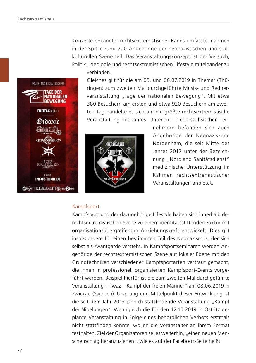 Seite 74 des Verfassungsschutzbericht 2019 Niedersachsen
