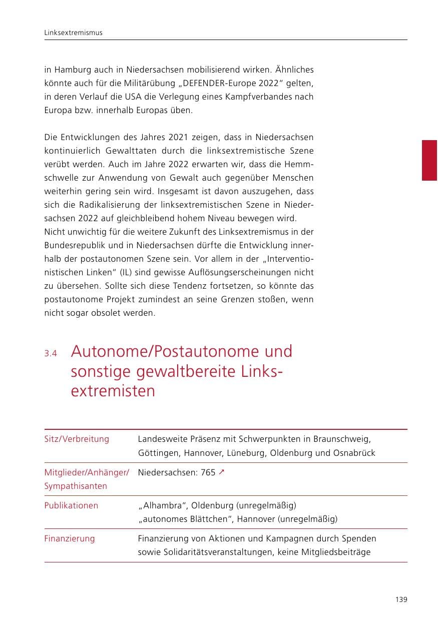 Seite 141 des Verfassungsschutzbericht 2021 Niedersachsen