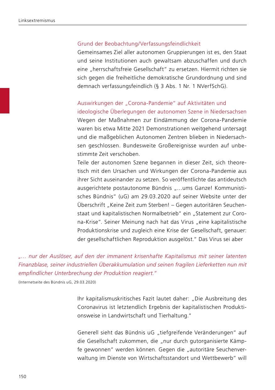 Seite 152 des Verfassungsschutzbericht 2021 Niedersachsen