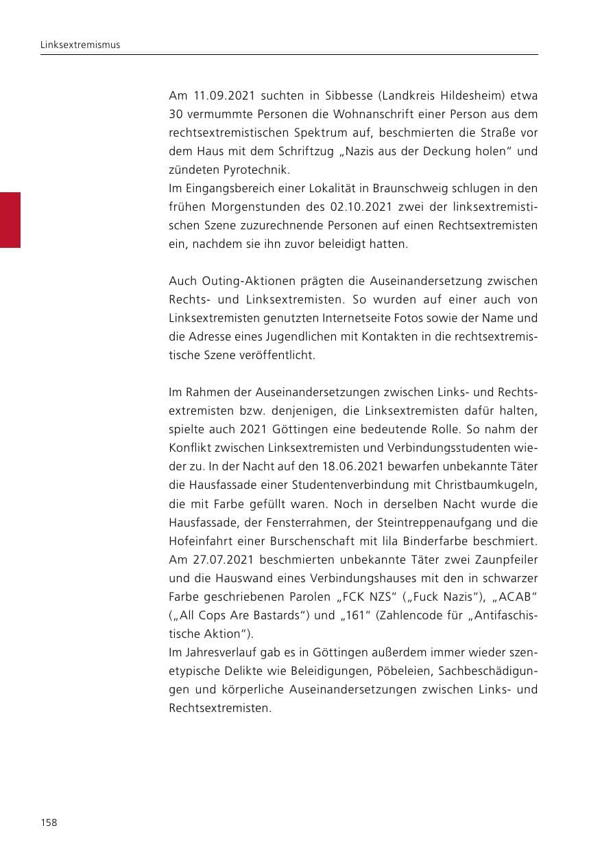 Seite 160 des Verfassungsschutzbericht 2021 Niedersachsen
