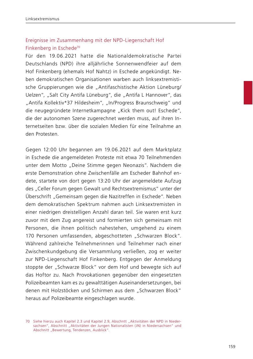 Seite 161 des Verfassungsschutzbericht 2021 Niedersachsen