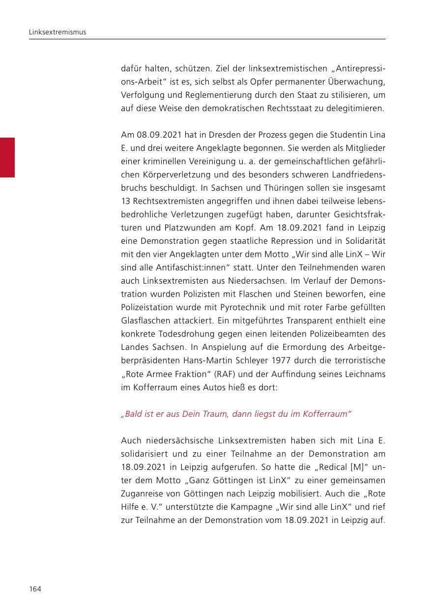 Seite 166 des Verfassungsschutzbericht 2021 Niedersachsen