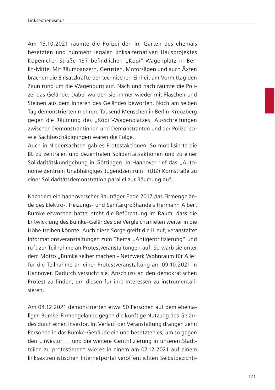 Seite 173 des Verfassungsschutzbericht 2021 Niedersachsen