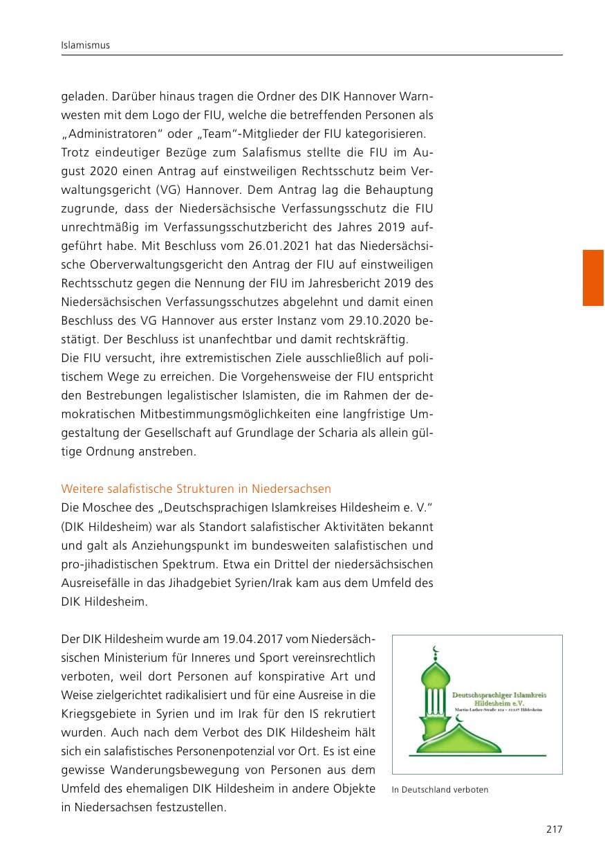 Seite 219 des Verfassungsschutzbericht 2021 Niedersachsen