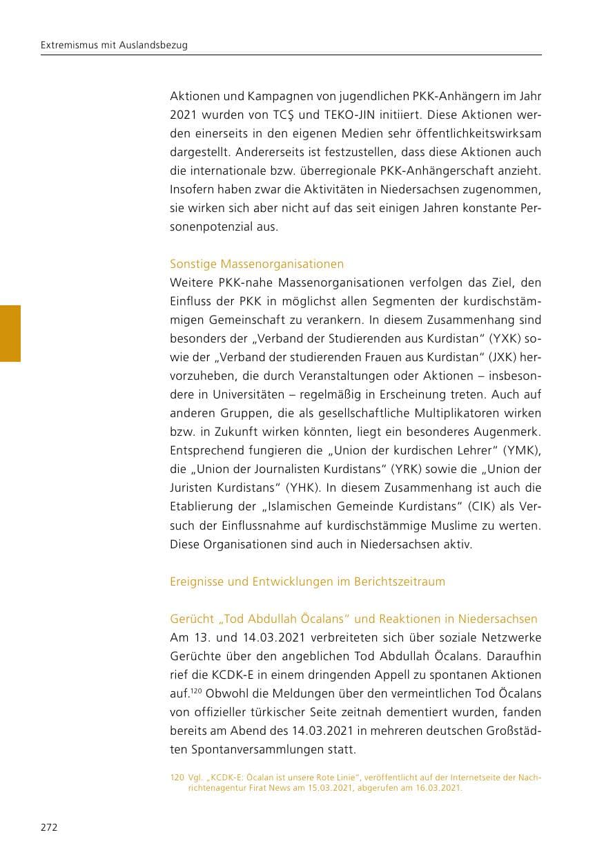 Seite 274 des Verfassungsschutzbericht 2021 Niedersachsen