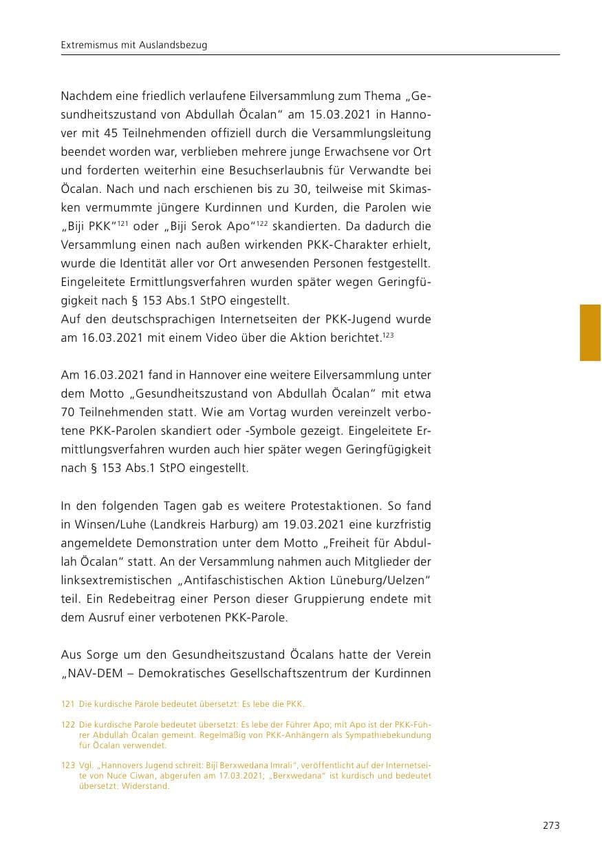 Seite 275 des Verfassungsschutzbericht 2021 Niedersachsen