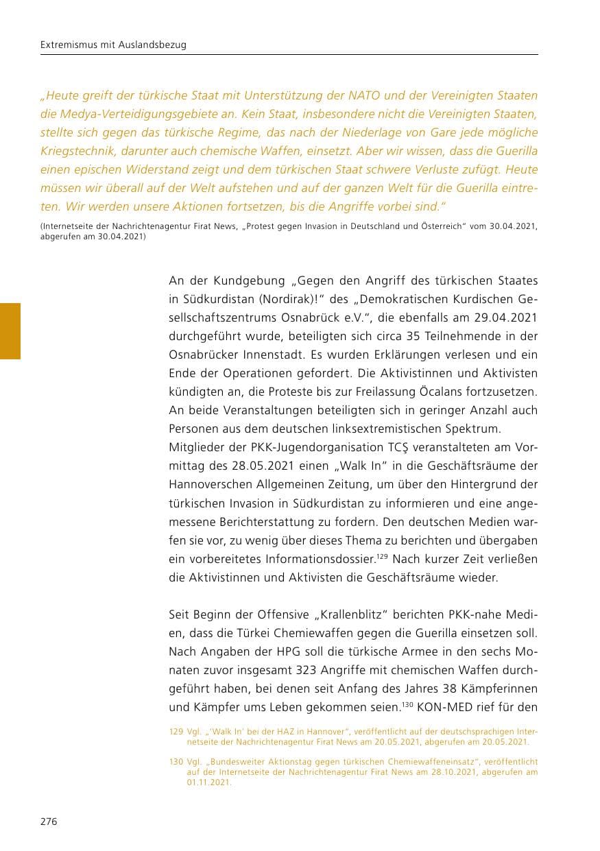 Seite 278 des Verfassungsschutzbericht 2021 Niedersachsen