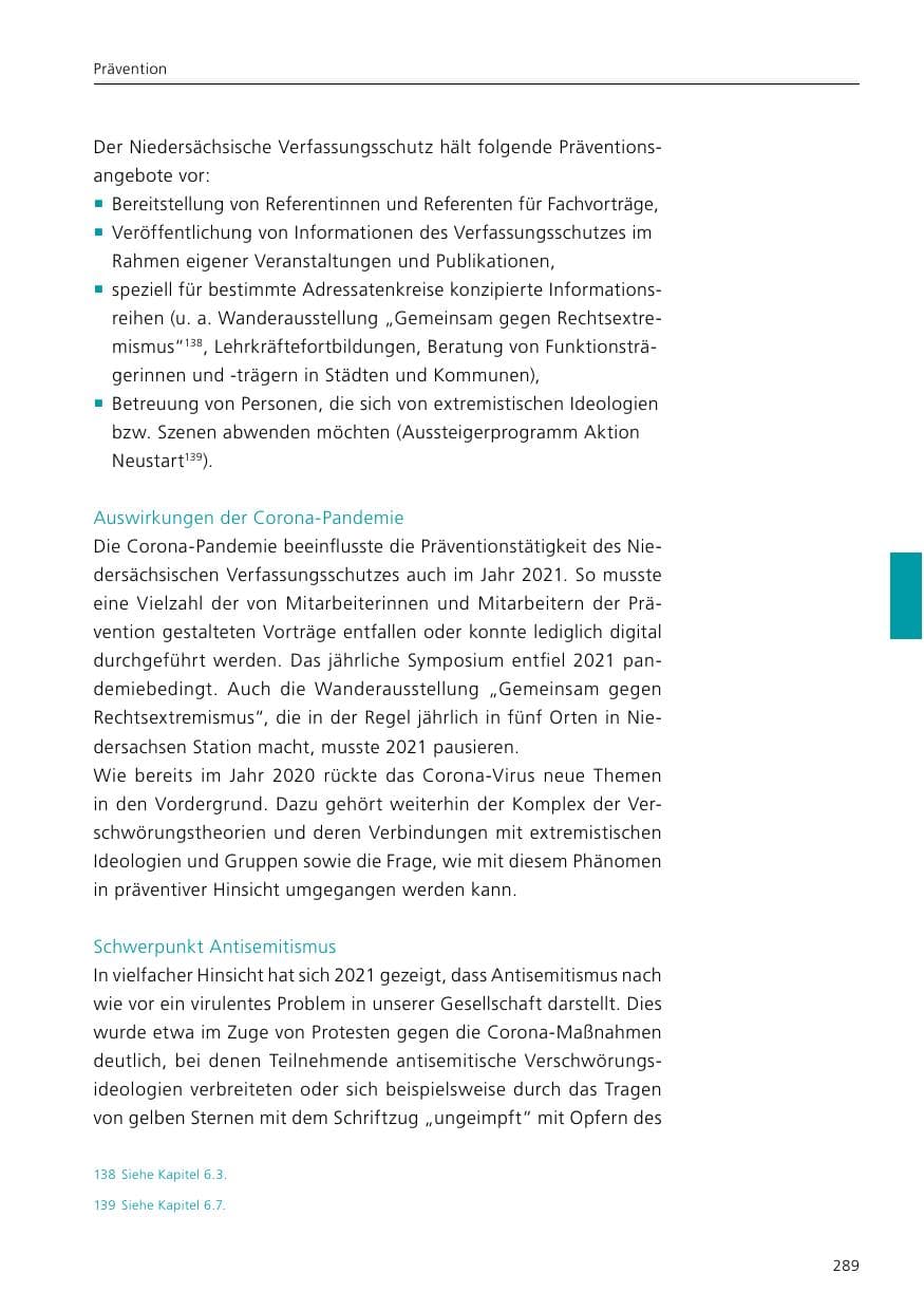 Seite 291 des Verfassungsschutzbericht 2021 Niedersachsen
