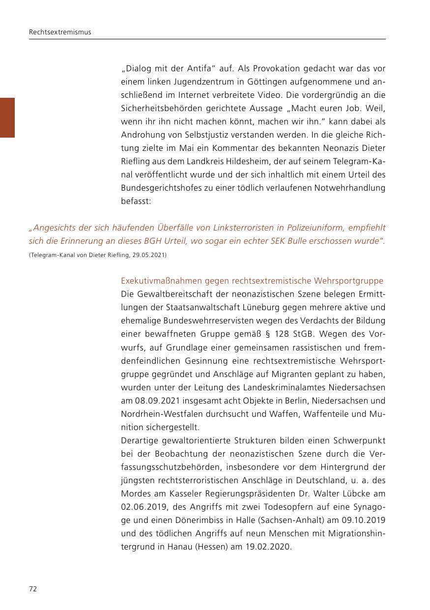 Seite 74 des Verfassungsschutzbericht 2021 Niedersachsen