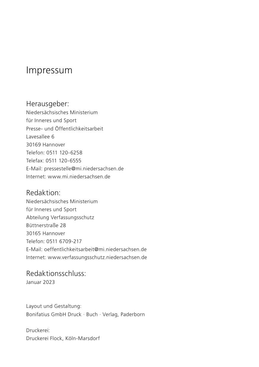 Seite 2 des Verfassungsschutzbericht 2022 Niedersachsen